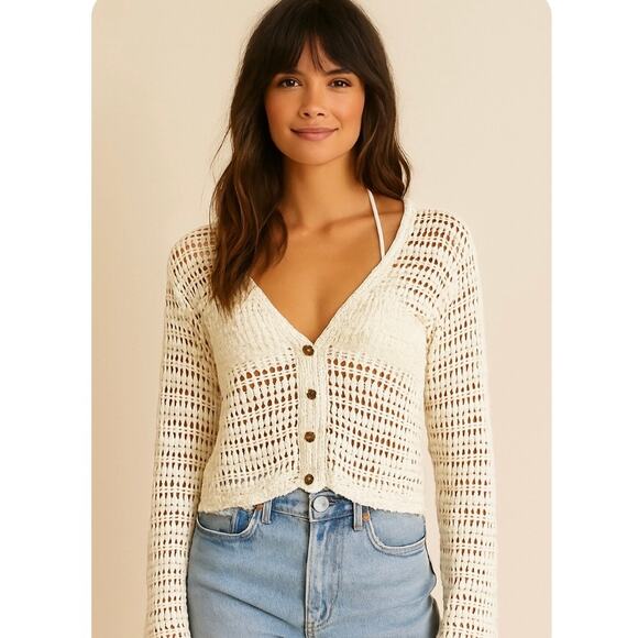 Rebellion Again White Crochet Lightweight Cropped Cardigan Boho Coastal Cowgirl - Picture 1 of 10
